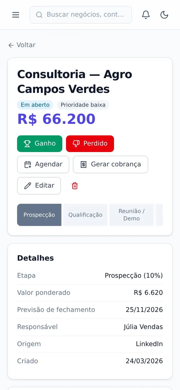 Detalhe de um negócio no celular